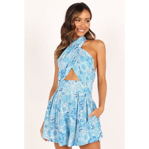 Petal + Pup Women XL Lele Halter Romper Blue Floral Wrap Pockets